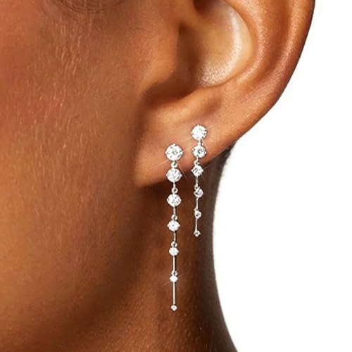 Rhinestone Earrings Dangling for Women Sparkly Silver Dangle Earrings Girls Long Chandelier Earrings Tassel Lightweight Ear Studs Cubic Zirconia (KE001S-W) - color: A-2 pair silver YE01S