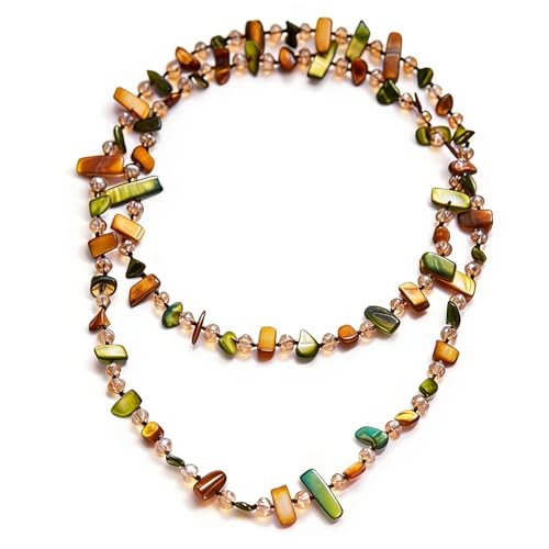 Colorful Irregular Beaded Long Necklace, Iridescent Handmade Sea Shell Crystal Glass Beads Vintage Chunky Layered Sweater Chain,Bohemian Style Costume Jewelry for Women