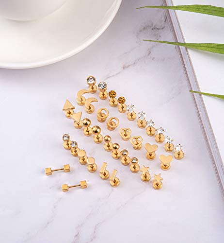 18Pairs 20G 18G Stainless Steel Tiny Stud Earrings for Women Cartilage Helix Earrings Ball Star CZ Earrings - color: Gold, size: 18G