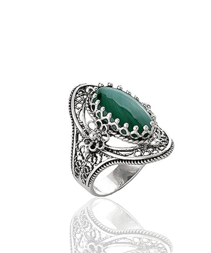 Filigranist 925 Sterling Silver Handcrafted Filigree Art Flower Pattern Woman Oval Statement Ring, Gift Boxed - color: Malachite