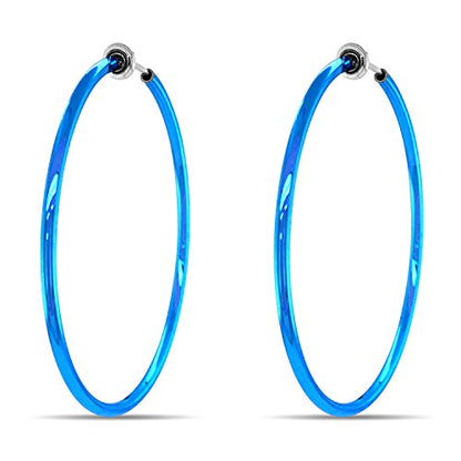 Clip On Spring Hoop Earrings for Non-Pierced Ears - color: Blue, size: 50mm
