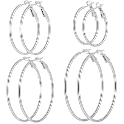 4/10 Pairs Stainless Steel Gold Silver Plated Hoop Earrings Hypoallergenic Dainty Big Small Hoops Earrings Set for Women - color: 4 Pairs Silver Plated Hoop Earrings Set
