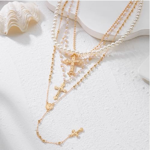 Layered Cross Necklace Set for Women, Layered Choker Necklaces Trendy Jewelry, Colorful Enamel Beaded Y-Shaped Lariat Necklace, Boho Multilayer Cross Necklace for Party and Daily Wear - color: Gold-07