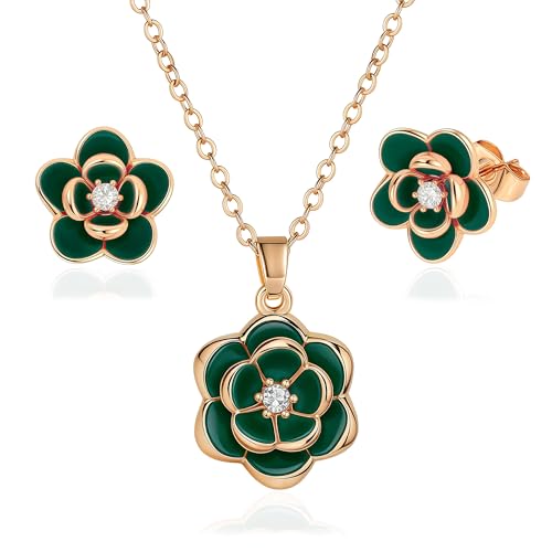 EVEVIC Dainty Flower Pendant Necklace Earrings for Women 14K Gold Plated Hypoallergenic Jewelry Sets - color: Green /Rose Gold-tone