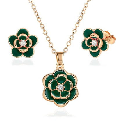 EVEVIC Dainty Flower Pendant Necklace Earrings for Women 14K Gold Plated Hypoallergenic Jewelry Sets - color: Green /Rose Gold-tone