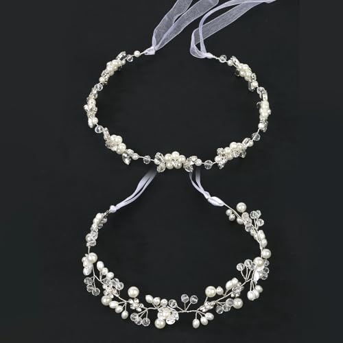 Wecoe Flower Girl Headpieces 2pcs Silver Rhinestone Pearl Headbands Wedding Bridal Flower Girl Hair Accessory Princess Hair Accessories for Birthday, Party, First Communion, Baptism - color: Silver C