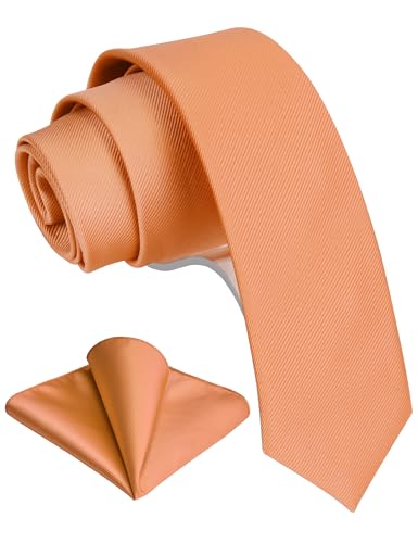 GUSLESON 2.4" Slim Necktie and Handkerchief Set For Men Solid Skinny Tie Set - color: Light Orange