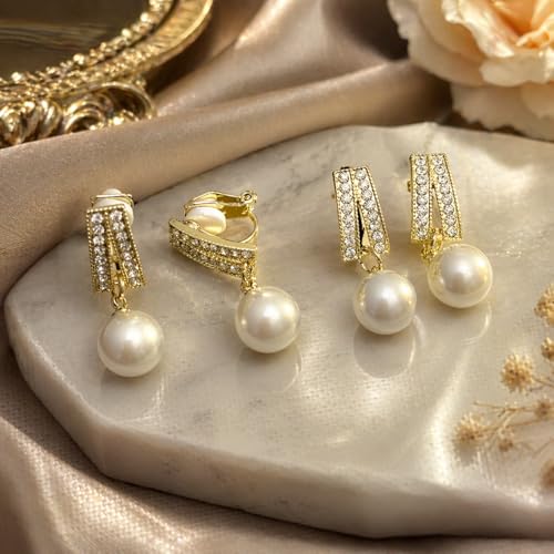 Pearl Clip on Earrings for Women - 14K Gold Silver Plated Cubic Zirconia Non Pierced Ear Clips Jewelry Gifts for Wedding Bridal Party Gifts - color: Gold-2 lines CZ