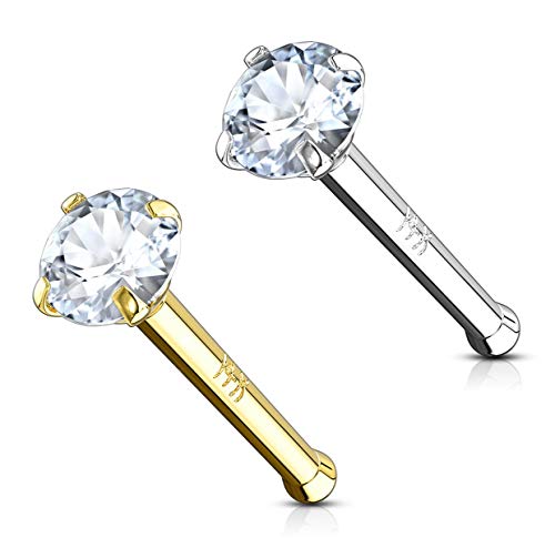 Forbidden Body Jewelry 14k Gold Nose Ring, 20g, Solid 6mm Stud, 2mm CZ Simulated Diamond, Non-Irritating Skin Safe Real Gold, Women and Men - color: 2pcs: 14k White/Yellow Gold