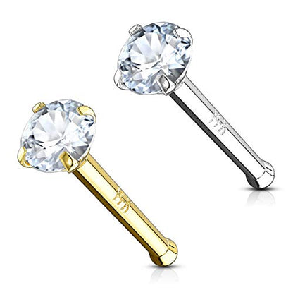 Forbidden Body Jewelry 14k Gold Nose Ring, 20g, Solid 6mm Stud, 2mm CZ Simulated Diamond, Non-Irritating Skin Safe Real Gold, Women and Men - color: 2pcs: 14k White/Yellow Gold