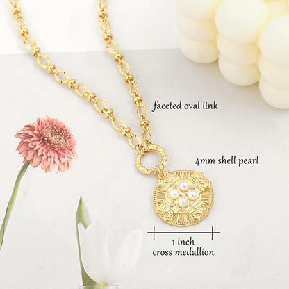 18k Gold Plated Chain Link Necklace for Women, Baroque Pearl/Compass Pendant Necklace - color: Cross