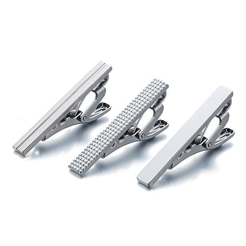 AnotherKiss Men's Fashion Alloy Metal 1.5" Skinny Tie Clip - 3 Pcs Set | Three 1.5 inch tie bars in silver tone keep skinny ties neat for business, weddings, formal events and Father's Day wear.