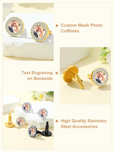 Custom4U Custom Photo Cufflinks for Men Father of the Bride Gifts - color: B-Round Photo-Gold
