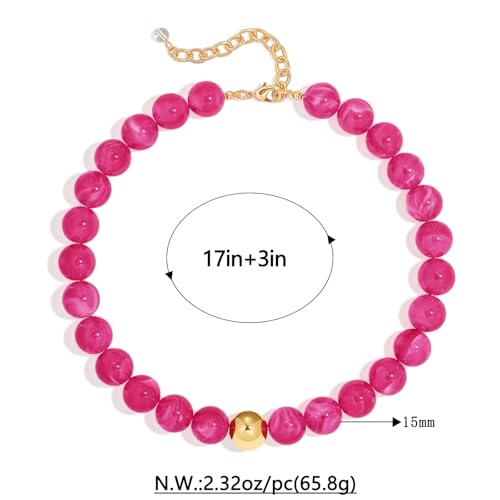 Chunky Beaded Necklace for Women Boho Statement Bead Necklace | Adjustable, Lightweight Choker, Round/Oval/Pebble Beads, Trendy Summer Beach Jewelry - color: Hot Pink-B