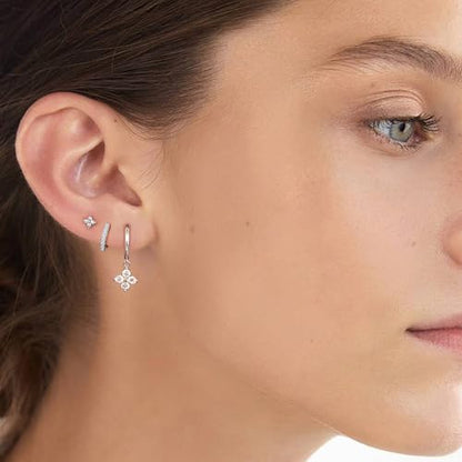 Surgical Steel Small Stud Clover Drop Dangle Huggie Hoop CZ Stud Earrings - color: B-Steel-Colored
