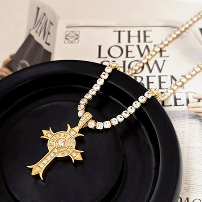 Luxval Tennis Necklace 14K Gold Plated Rhinestone Butterfly Choker Necklaces for women Dainty Zirconia Cut Faux Diamond chain 3mm - color: Gold-Cross charm tennis