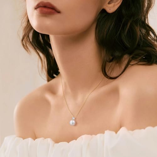 Pearl Necklace for Women 925 Sterling Silver Single Pearl Jewelry with Shell Pearl Pendant - Dainty Choker Necklace Suitable for Anniversary, Wedding, Birthday Gifts - color: CZ Gold