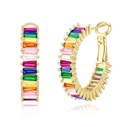 Trendy 14K Gold Plated Hoop Earrings for Women, Chunky Gold/Silver Earrings for Women Cubic Zirconia Baguette Hoop Earrings Heart Hoops Lightweight Hypoallergenic Jewelry,25mm/35mm/40mm/50mm - color: 01 Gold Rainbow Hoops 25mm