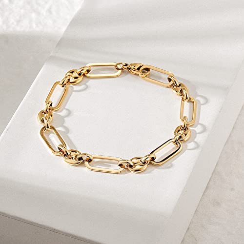 CIUNOFOR 14K Gold Plated Alternate Oval & Round Link Bracelets for Women, Non‑Tarnish Chunky Chain Charm Bracelet, Minimalist Stackable Layered Link Jewelry for 6.5”‑7.3” Wrists