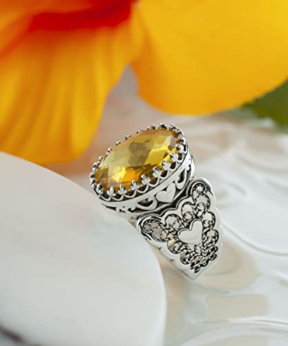 Filigranist 925 Sterling Silver Handcrafted Filigre Art Double Heart Detailed Women Cocktail Ring with Gemstones - color: Citrine