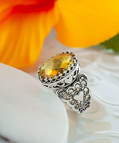 Filigranist 925 Sterling Silver Handcrafted Filigre Art Double Heart Detailed Women Cocktail Ring with Gemstones - color: Citrine