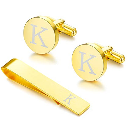 LOYALLOOK Black Initial Cufflinks and Tie Clip Set for Men Personalized Copper Cuff links and Tie Bar Letter Alphabet A-Z Gift for Father Husband Valentine Gifts for Men - color: K