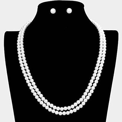 Rosemarie Collections Double-Strand Classic Simulated Pearl Necklace And Earring Set - Adjustable Faux Pearl Necklaces for Women - Elegant Jewelry for Special Occasions & Everyday Wear - color: 6mm, White Pearl Silver Tone