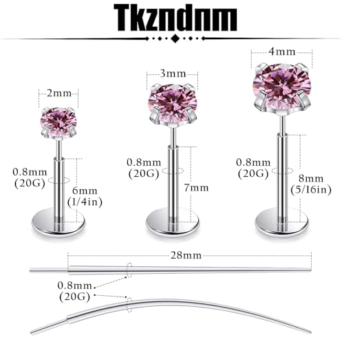 F136 Titanium 20/18/16G Earrings Nose Lip Rings Medusa Tragus Cartilage Helix Labret Flat Back Threadless Implant Grade Stud Piercing Jewelry for Women - color: Pink CZ, size: 20g*6/7/8mm*2/3/4mm