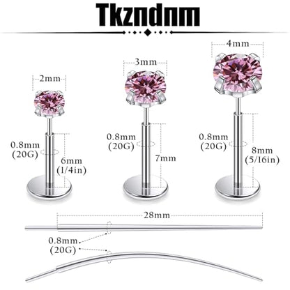 F136 Titanium 20/18/16G Earrings Nose Lip Rings Medusa Tragus Cartilage Helix Labret Flat Back Threadless Implant Grade Stud Piercing Jewelry for Women - color: Pink CZ, size: 20g*6/7/8mm*2/3/4mm