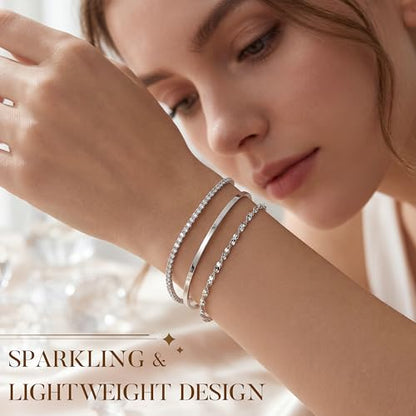 925 Sterling Silver Bracelets for Women Stack, Trendy Tennis Bangle Cuff Jewelry Set 14K Gold Plated, Adjustable Bracelet Set for Wrist Essentials, Women Fashion Watch Band Acecessories - style: Bracelet_3pcs(Dainty Tennis Set-Silver)