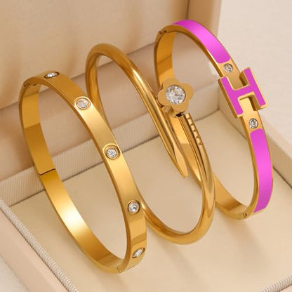 3Pcs Gold Bracelets for Women 14K Gold Plated Love/H/Nail Bangle Bracelet Dainty Non Tarnish Bracelet Jewelry Christmas Mothers Day Gifts for Women - color: 3Pcs Gold/Purple H bracelet