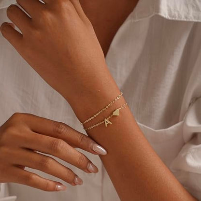 Gold Initial Bracelets for Women Trendy, Dainty Layered 14K Gold Plated Heart Letter Charm Bracelets, letter beads for name bracelets Jewelry Gifts - color: Gold-A