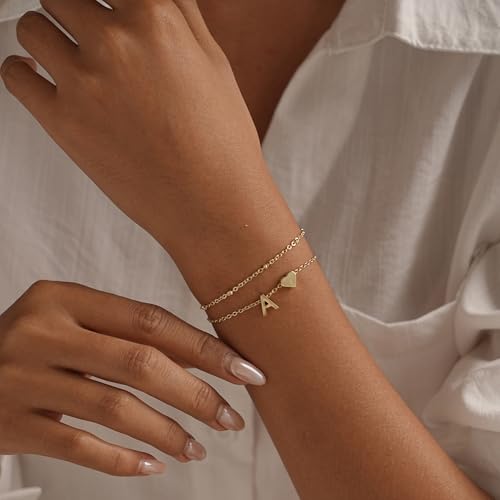 Gold Initial Bracelets for Women Trendy, Dainty Layered 14K Gold Plated Heart Letter Charm Bracelets, letter beads for name bracelets Jewelry Gifts - color: Gold-H