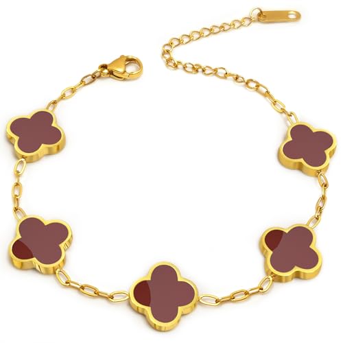 Four Leaf Clover Bracelet 18K Gold Plated Bracelets for Women Lucky Flower Design Stainless Steel Hypoallergenic Link Chain Adjustable Dainty Trendy Jewelry Gifts for Women - color: Red