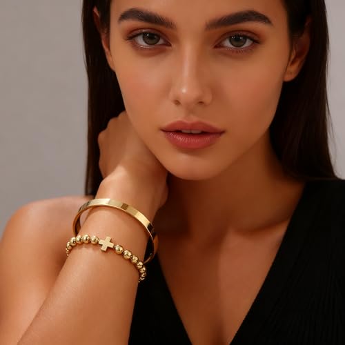 Gold Bangle Bracelets for Women Non Tarnish, 18k Gold Bracelet Stack Layered Chunky Cuff Bracelet Knot Cross Bowknot Bracelets Trendy Jewelry Set for Women Gifts - color: S05