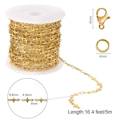 SMYHTGLIF 13 Feet Gold Cross Chain for Jewelry Making Stainless Steel Chain | Permanent Jewelry Making Chains Bulk Craft Chain Roll for Women Necklace Bracelet - color: Cross Gold