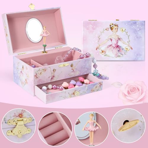Music Jewellery Box with Drawer Necklace Bracelet, Musical Jewelry Storage Case with Spinning Ballerina Gift Set for Kids Girls Children Daughter (Purple-Ballet) - color: Purple-Ballet