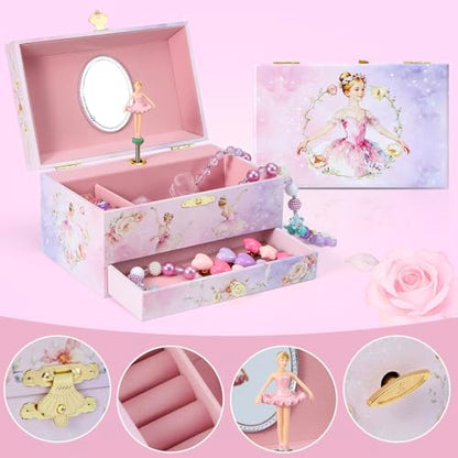 Music Jewellery Box with Drawer Necklace Bracelet, Musical Jewelry Storage Case with Spinning Ballerina Gift Set for Kids Girls Children Daughter (Purple-Ballet) - color: Purple-Ballet