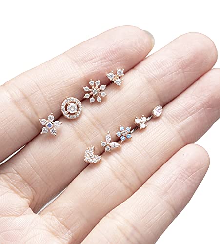 9Pcs Nose Rings Stud L Bone Screw Shaped Nose Ring Flower CZ Snowflake Butterfly Screw Nose Stud Body Piercing Jewelry for Women Men 20G Silver Gold Rose Gold Tone - color: C:Rose Gold Tone