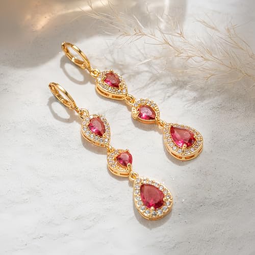 18K Gold Plated Flower Dangle Earrings for Women, Hypoallergenic Cubic Zirconia Earrings, Elegant CZ Drop Earrings, Statement Jewelry Gifts Party Fashion - style: OBS0354-Red