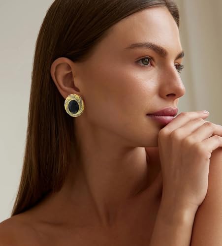 Chunky Gold Geometric Stud Earrings Trendy Vintage 14K Gold Plated Black Cubic Zirconia Statement Cocktail Earrings Dupes Jewelry for Women - style: Black Stone C