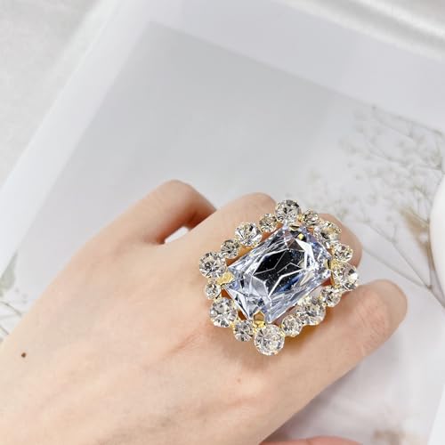 Silver Rectangle Rhinestone Statement Ring for Women Luxury Fashion Exaggerated Large Thick Chunky Geometric Crystal Finger Knuckle Band Wrap Open Adjustable Rings Wedding Cocktail Prom Party Jewelry Gift - color: Gold