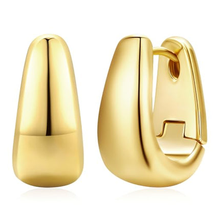 Small Chunky Hoop Earrings for Women 14k Real Gold Plated 925 Sterling Silver Post Oval Hoop Earrings Hypoallergenic Thick Huggie Hoops Earrings Jewelry Gifts for Women - color: gold