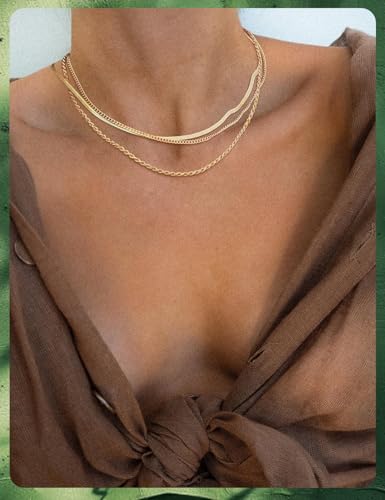 Gold & Silver Necklace Set for Women Trendy | 3 Layered Chain Necklace Stack - Non Tarnish Adjustable Cuban Rope Herringbone Necklaces for Women Jewelry Gifts - color: Gold