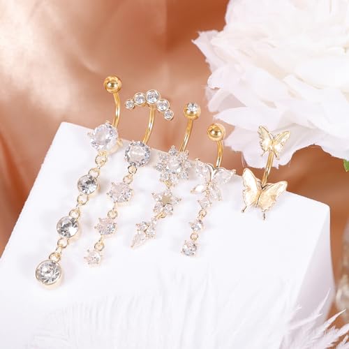 REVOLIA 5Pcs 14G Surgical Steel Dangle Belly Button Ring for Women Dangle Navel Ring Curved Belly Rings CZ Butterfly Barbell Body Piercing Jewelry - color: Gold, size: Bar Length 10MM
