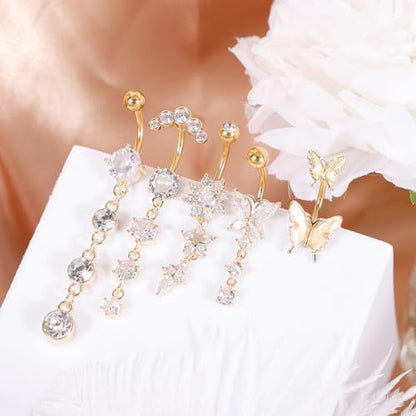 REVOLIA 5Pcs 14G Surgical Steel Dangle Belly Button Ring for Women Dangle Navel Ring Curved Belly Rings CZ Butterfly Barbell Body Piercing Jewelry - color: Gold, size: Bar Length 10MM