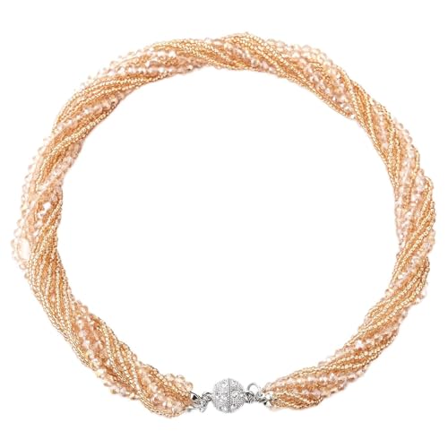 COOLSTEELANDBEYOND Multi-Layer Beads Crystal Braided Chain Choker Collar Magnetic Clasp,Statement Necklace, Bracelet - color: K1-Necklace Champagne Color