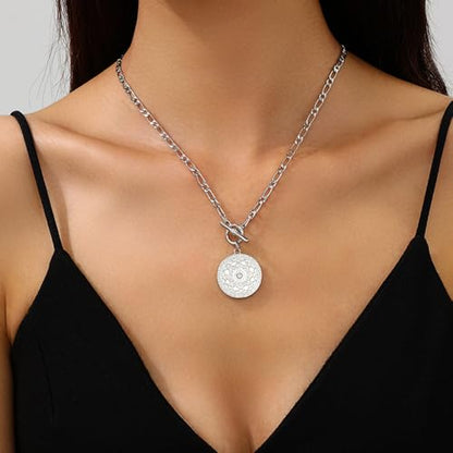 Coin Necklace for Women Hip Hop Toggle Medallion Pendant Necklace Trend Silver Pressed Flower Necklace Charm Punk Statement Jewelry Gifts Gold Silver