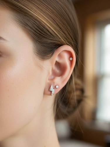 All Moissanites Sparkly Geometric Stud Earrings for Women, Solid 925 Sterling Silver with Rhodium/Gold Plated Hypoallergenic, Lightweight Comfy Earrings - color: Lightning - White Gold