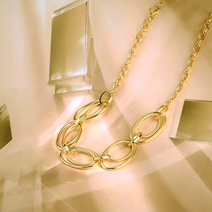 Gold Chunky Necklace for Women: Double Oval Link Statement Choker Necklace | 14k Gold Plated Loop Chain Trendy Fashion Jewelry for Daily Holiday Party - color: Gold